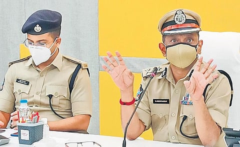 Commissioner of Police Bathini Sreenivasulu addressing mediapersons at the Police Commissionerate in Vijayawada on Thursday | P Ravindra Babu