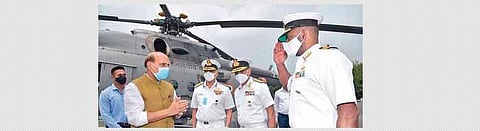 Defence Minister Rajnath Singh with Navy Chief Admiral Karambir Singh and Vice Admiral R Hari Kumar at Karwar Naval base