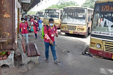 A corporation worker disinfecting Broadway Bus terminus on Thursday  | Ashwin Prasath