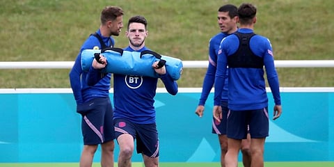 England's Declan Rice during a training session at St George's Park, Burton upon Trent, England, ahead of their Euro 2020 match against Germany. (Photo | AP)