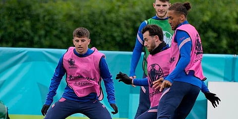England's Mason Mount (L) and Ben Chilwell (SL) during a team training session at Tottenham Hotspur training ground in London. (Photo | AP)
