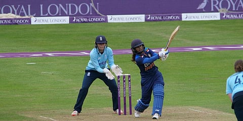 Mithali Raj plays a shot against England. (Photo @BCCIWomen)