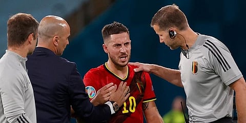 Belgium's Eden Hazard leaves the pitch after being substituted during the Euro 2020 round of 16 match between Belgium and Portugal at La Cartuja stadium in Seville. (Photo | AP)