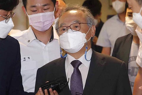 Former Busan Mayor Oh Keo-don arrives at the Busan District Court in Busan, South Korea. (Photo | AP)