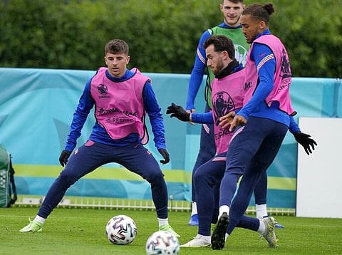 England's Mason Mount, left, and England's Ben Chilwell, second left, during a team training session at Tottenham Hotspur training ground in London. (Photo | AP)