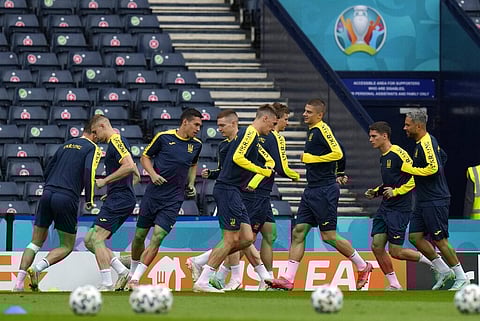 Ukraine's players during a training session at the Hampden Park Stadium in Glasgow, Monday, June 28, 2021. (Photo | AP)