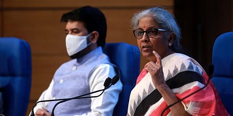 Union Finance minister Nirmala Sitharaman addresses a press conference in New Delhi. (Photo | Shekhar Yadav, EPS)