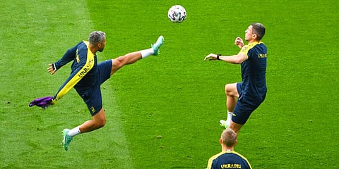 Ukraine players attend a training session at the Hampden Park Stadium in Glasgow. (Photo | AP)
