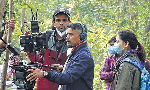 Director Amit Masurkar (extreme left) with screenwriter Aastha Tiku