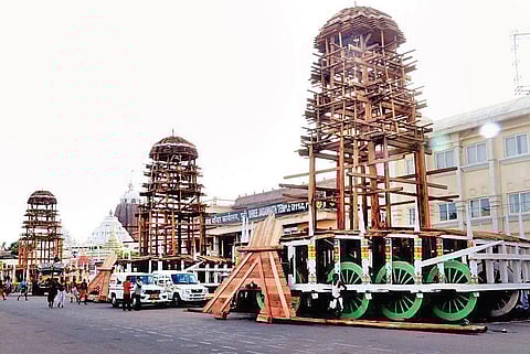 Wooden structures of the three chariots parked at the construction yard on Bada Danda in Puri. (Photo | Express)