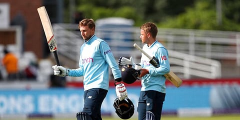 England's Joe Root (L) walks off the field with partner Sam Curran after their win in the first ODI against Sri Lanka. (Photo | AP)