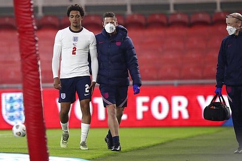 England's Trent Alexander-Arnold walks out of pitch after an injury during the international friendly soccer match between England and Austria at the Riverside stadium in Middlesbrough. (Photo | AP)