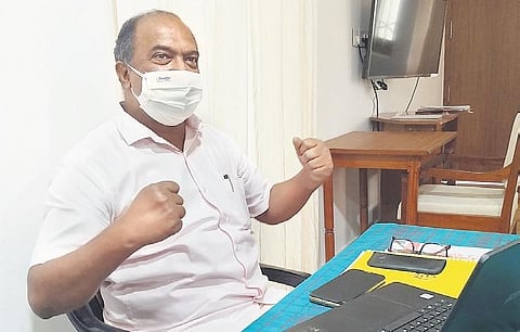 Finance Minister K N Balagopal after giving finishing touches to his debut budget speech at the Government Guest House in T’Puram on Thursday | B P Deepu