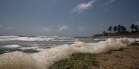Chemical foam washed ashore from the burnt Singapore-flagged MV X-Press Pearl gathers on the beach at Kapungoda. (Photo | AP)