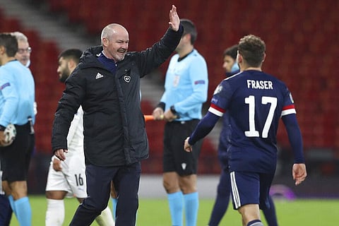Scotland head coach Steve Clarke greets Scotland's Ryan Fraser after the Euro 2020 playoff semifinal soccer match between Scotland and Israel. (Photo | AP)