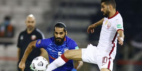 A 10-man India defended creditably well as they suffered a 0-1 defeat to Qatar. (Photo @IndianFootball)