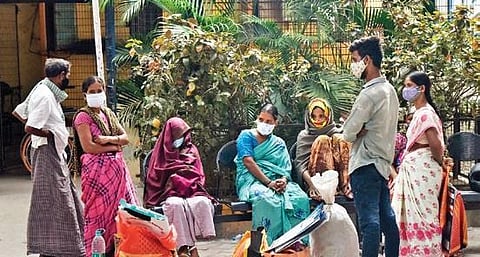 Patients cured of black fungus wait outside the Government ENT Hospital for transport, in Hyderabad on Friday. (Photo | EPs/VINAY MADAPU)