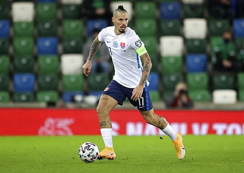 Slovakia's Marek Hamsik looks to pass the ball during the Euro 2020 playoff semifinal soccer match between Northern Ireland and Slovakia. (Photo | AP)
