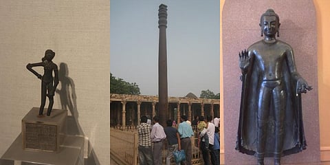 (L) Dancing Girl, Mohenjo-daro, now in the National Museum, New Delhi; (M) the famous Delhi iron pillar, originally erected at Vishnupaadagiri, that is more than 1,500 years old (P.C. Saurabh Saxena)