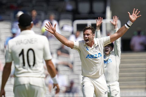 New Zealand's Tim Southee celebrates taking the wicket of England's Ollie Pope during the fourth day of the Test match between England and New Zealand at Lord's. (Photo | AP)