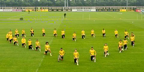 German Bundesliga club Borussia Dortmund's players showed their support of the 'Black Lives Matter' movement by taking a kneel during a training session on June 4, Thursday. (File Photo | AP)