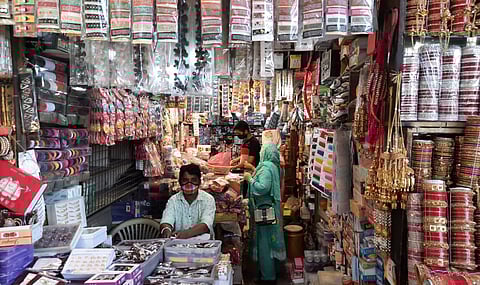 Shops reopen on odd-even basis at the Khari Baoli market after further ease in the COVID-19 lockdown, in New Delhi on Monday. (Photo | Shekhar Yadav, EPS)