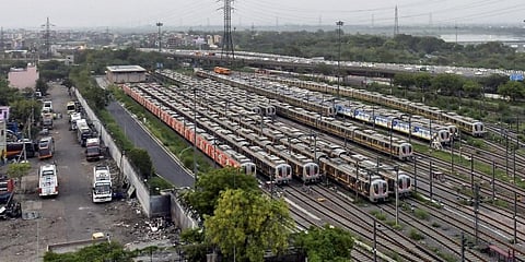 Metro trains parked at Timarpur Depot ahead of lifting of COVID-induced restrictions, in New Delhi. (Photo | PTI)
