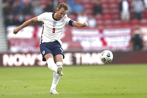England's Harry Kane kicks the ball during the international friendly soccer match between England and Austria at the Riverside stadium in Middlesbrough. (Photo | AP)
