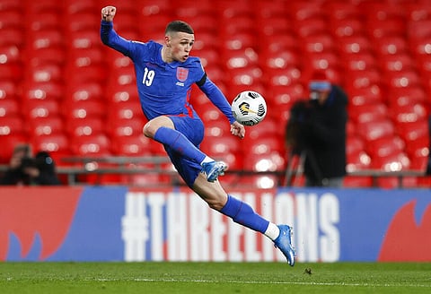 England's Phil Foden attempts to control the ball during the World Cup 2022 group I qualifying soccer match between England and San Marino. (Photo | AP)