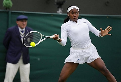 Coco Gauff of the US plays a return to Britain's Francesca Jones during the women's singles first round match on day two of the Wimbledon Tennis Championships. (Photo | AP)