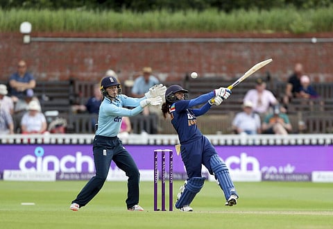 India Women's Mithali Raj, right, in action against England during the One Day International cricket match at the The County Ground in Taunton. (Photo | AP)