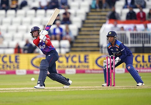 England's Danni Wyatt bats, during the first IT20 cricket match between England and India, at the County Ground. (Photo | AP)