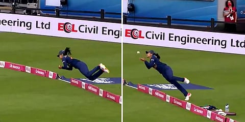 In the 19th over of England innings, Jones whacked the ball towards wide long-off and Harleen produced a sensational effort. (Photo | Twitter)