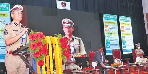 DGP Gautam Sawang speaking at an awareness workshop on Disha App in Visakhapatnam on Saturday. (Photo I EPS, G Satyanarayana)