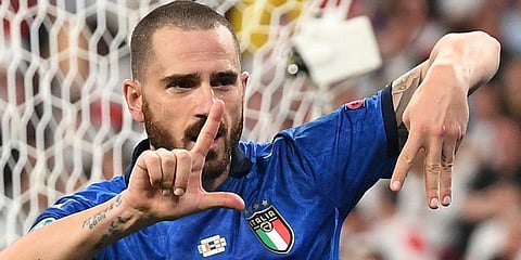 Italy centre-back Leonardo Bonucci celebrates after scoring his side's opening goal during the Euro 2020 soccer final match between England and Italy at Wembley Stadium. (Photo | AP)