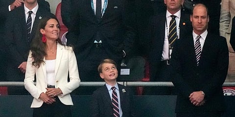Prince William, his son Prince George and Duchess Catherine, from right, stand on the tribune prior the Euro 2020 final between England and Italy at Wembley Stadium in London. (Photo | AP)