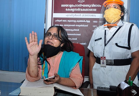 Kerala University Malayalam Lexicon editor Poornima Mohan speaking to media at her office on Monday (Express Photo | BP Deepu)