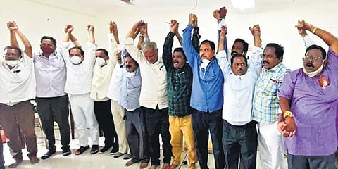 Leaders of Visakha Ukku Parirakshana Porata Committee at a meeting held to chalk out a roadmap for agitation in Visakhapatnam on Monday, July 12, 2021. (Photo | Express)