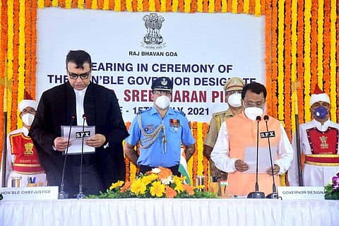 Chief Justice of Bombay High Court Justice Dipankar Dutta administering the oath of office to PS Sreedharan Pillai (Photo | Twitter)