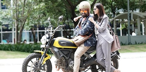 Prithviraj Sukumaran with Kalyani Priyadarshan on the sets of 'Bro Daddy'. (Photo | Twitter)