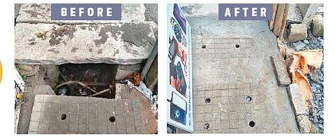 Civic body repairs footpath on Old Madras Road