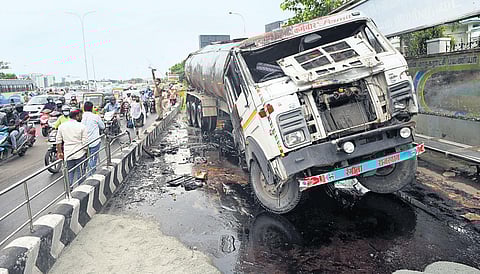 The truck ran through the median on Durgabai Deshmukh Road in Raja Annamalai Puram in Chennai on Thursday | R Satish Babu