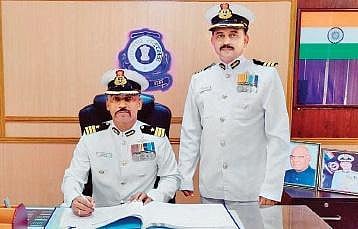 Commandants Sreekumar G and V K Varghese after the former assumed command of the Coast Guard Station at Vizhinjam in Thiruvananthapuram on Thursday
