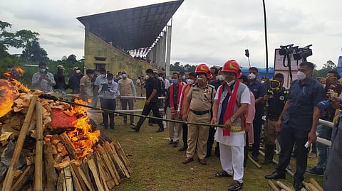 Assam CM Himanta Biswa Sarma taking part in a seized drugs-burning programme. (Photo | EPS)