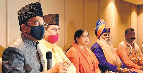 Shiraj Qureshi, a Supreme Court advocate who has been working on cow welfare, speaks on illegal trafficking of cattle during Bakrid at a press conference in Hyderabad on Sunday (Photo | RVK Rao, EPS)