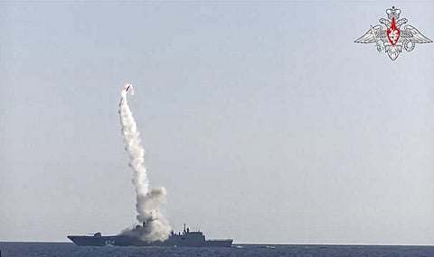 A new Zircon hypersonic cruise missile is launched by the frigate Admiral Gorshkov of the Russian navy from the White Sea, in the north of Russia. (Photo | AP)
