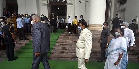 West Bengal Governor Jagdeep Dhankar, Speaker Biman Bandopadhyay and CM Mamata Banerjee inside Assembly premises during inaugural session in Kolkata, July 2, 2021. (Photo | PTI)