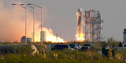 Blue Origin's New Shepard rocket launches carrying passengers Jeff Bezos, his brother Mark, Oliver Daemen and Wally Funk from its spaceport near Van Horn, Texas. (Photo| AP)