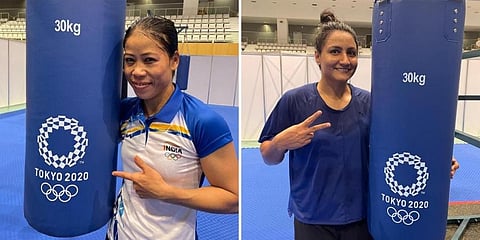 Indian boxers Mary Kom (L) and Pooja Rani (Photo | BFI Twitter)