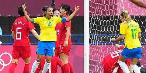Brazil's Marta (10) celebrates scoring her side's opening goal against China during a women's soccer match at the 2020 Summer Olympics, Wednesday, July 21, 2021, in Rifu, Japan. (Photo | AP)